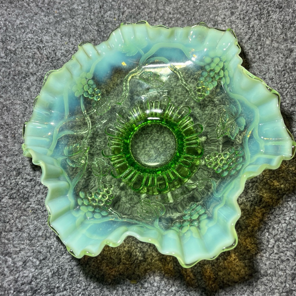 Vintage Fenton Green Opalescent Glass Ruffled Grape Footed Bowl 8 1/4”